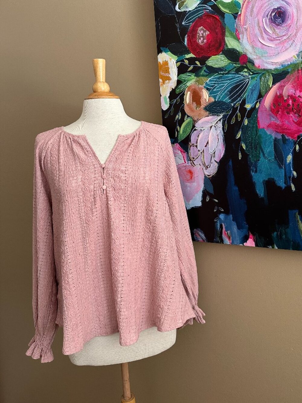 Frye Pink Textured Boho Peasant Top Large